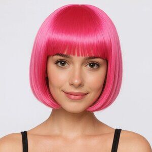 2/$30 NEW Short Bob Hot Pink Wig with Bangs Role CosPlay Dress Up Halloween